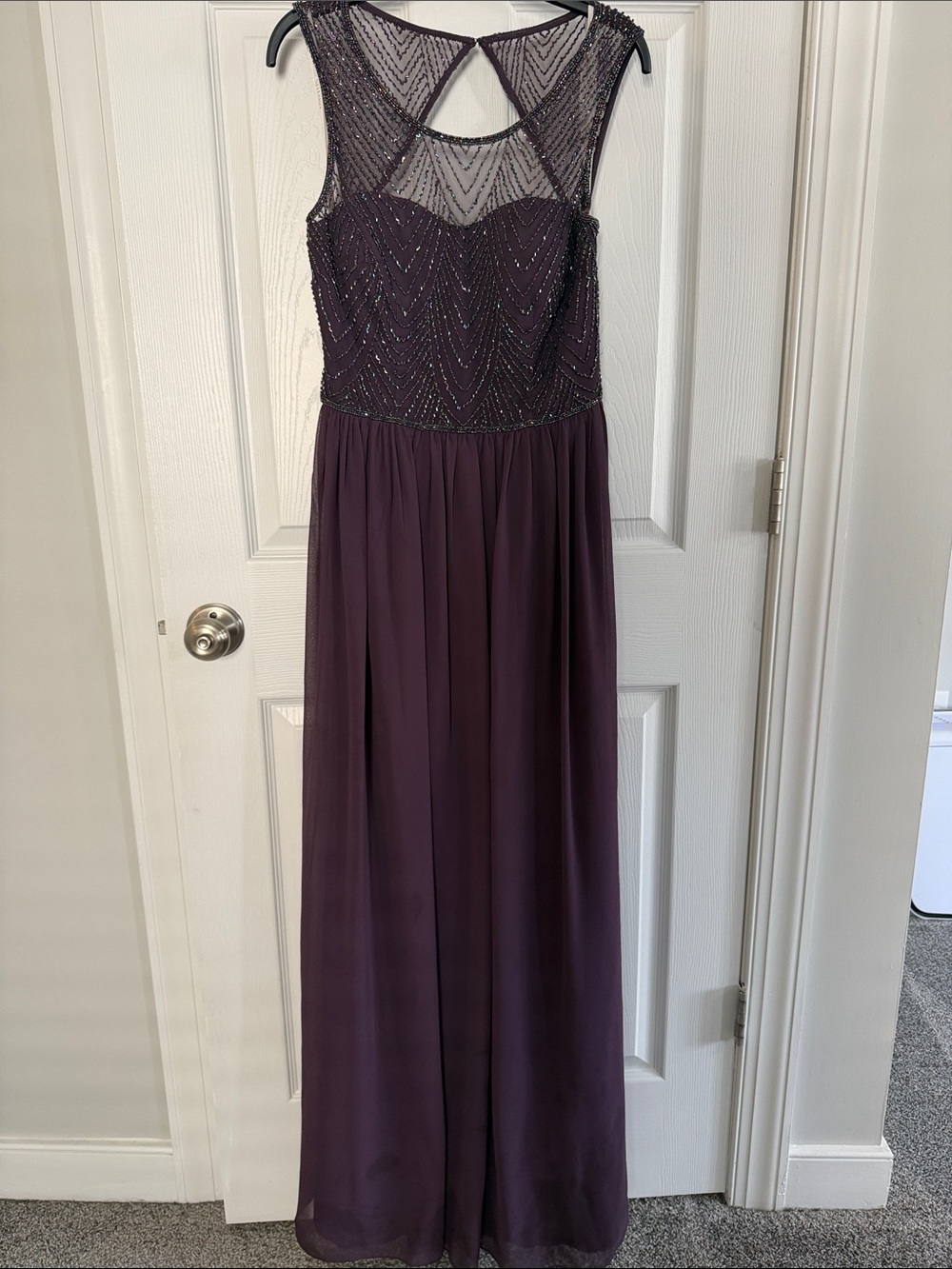 David's Bridal Plum Beaded Mesh Maxi Dress